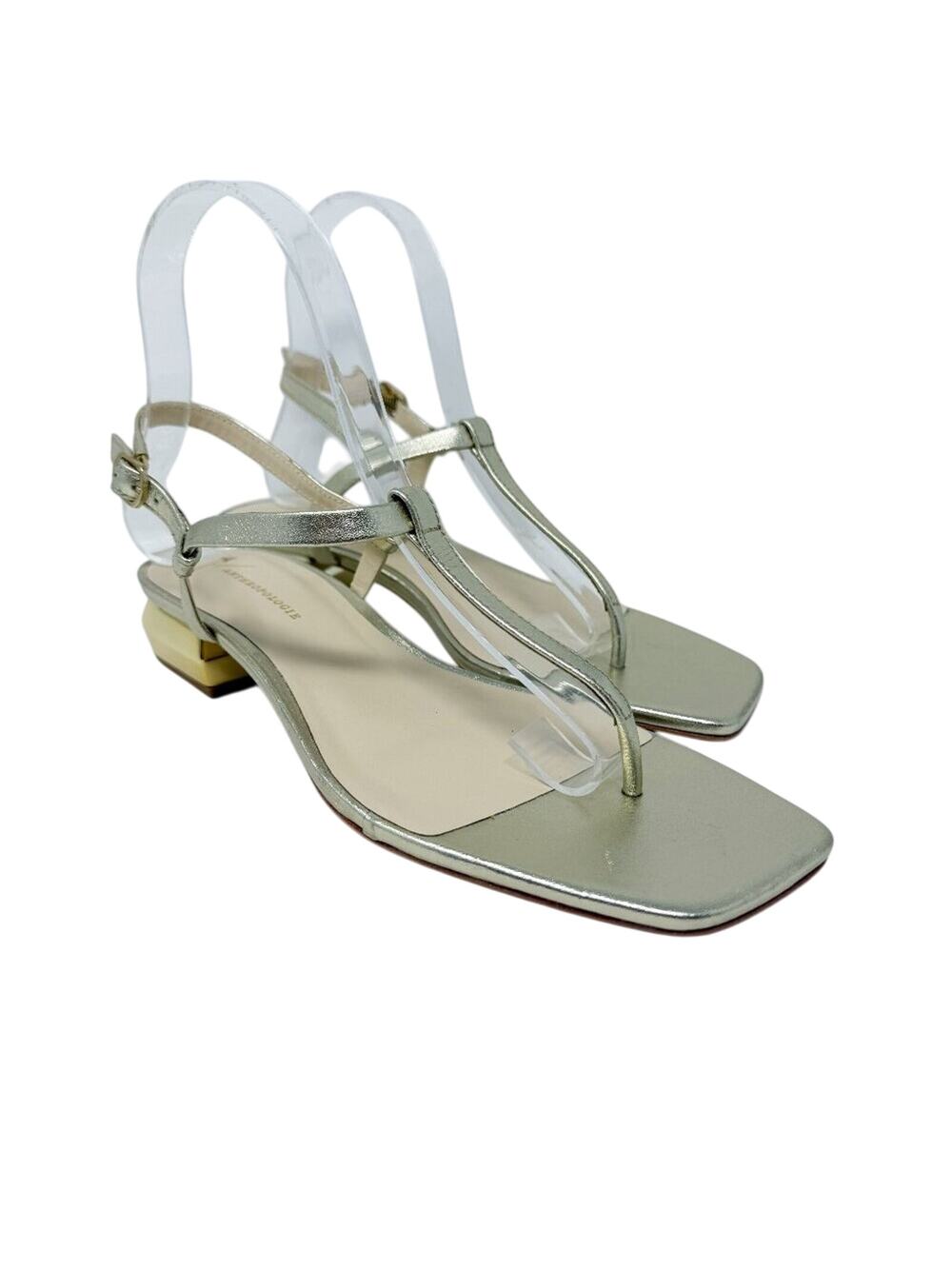 NWOB Anthro Metallic Gold Leather Low Heel Sandals Women's Size 7 Made in Brazil